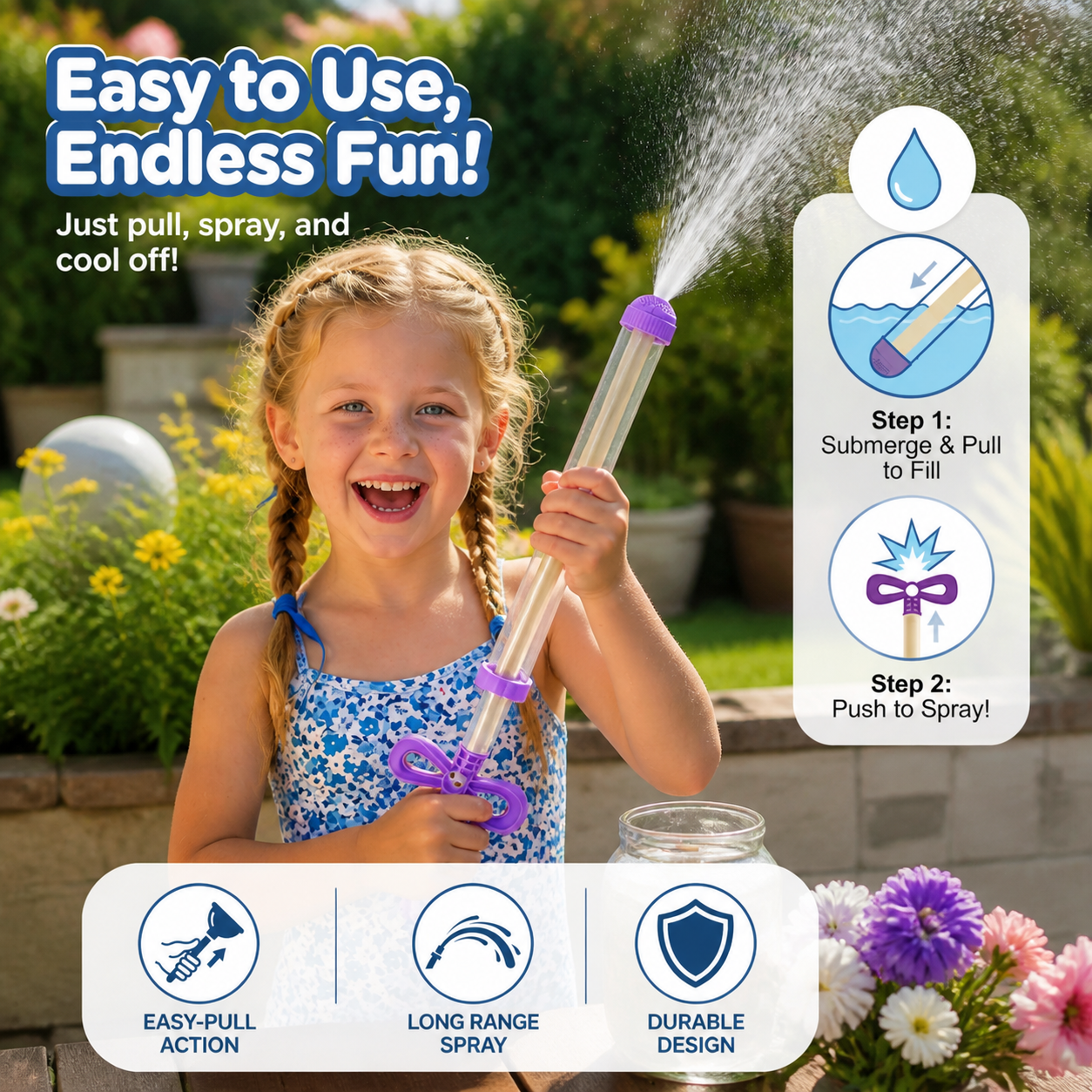 Kids Water Spray Blaster – Handheld Pull Spray Toy for Outdoor Fun