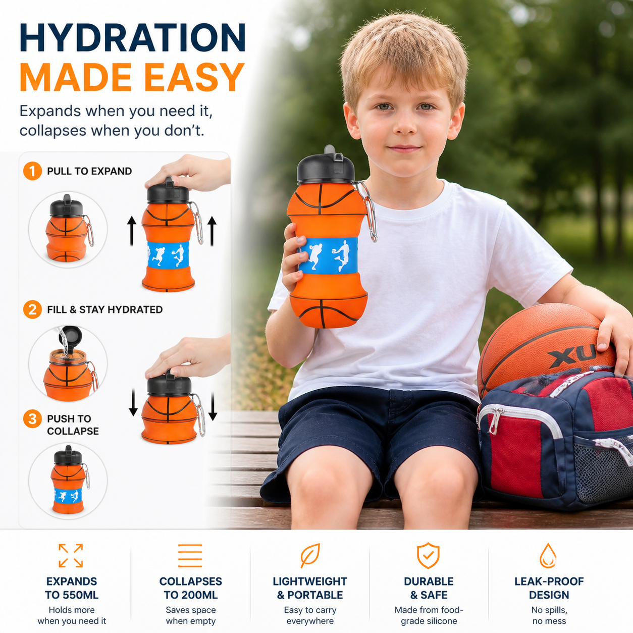 Foldable & Durable Silicone Football Water Bottle