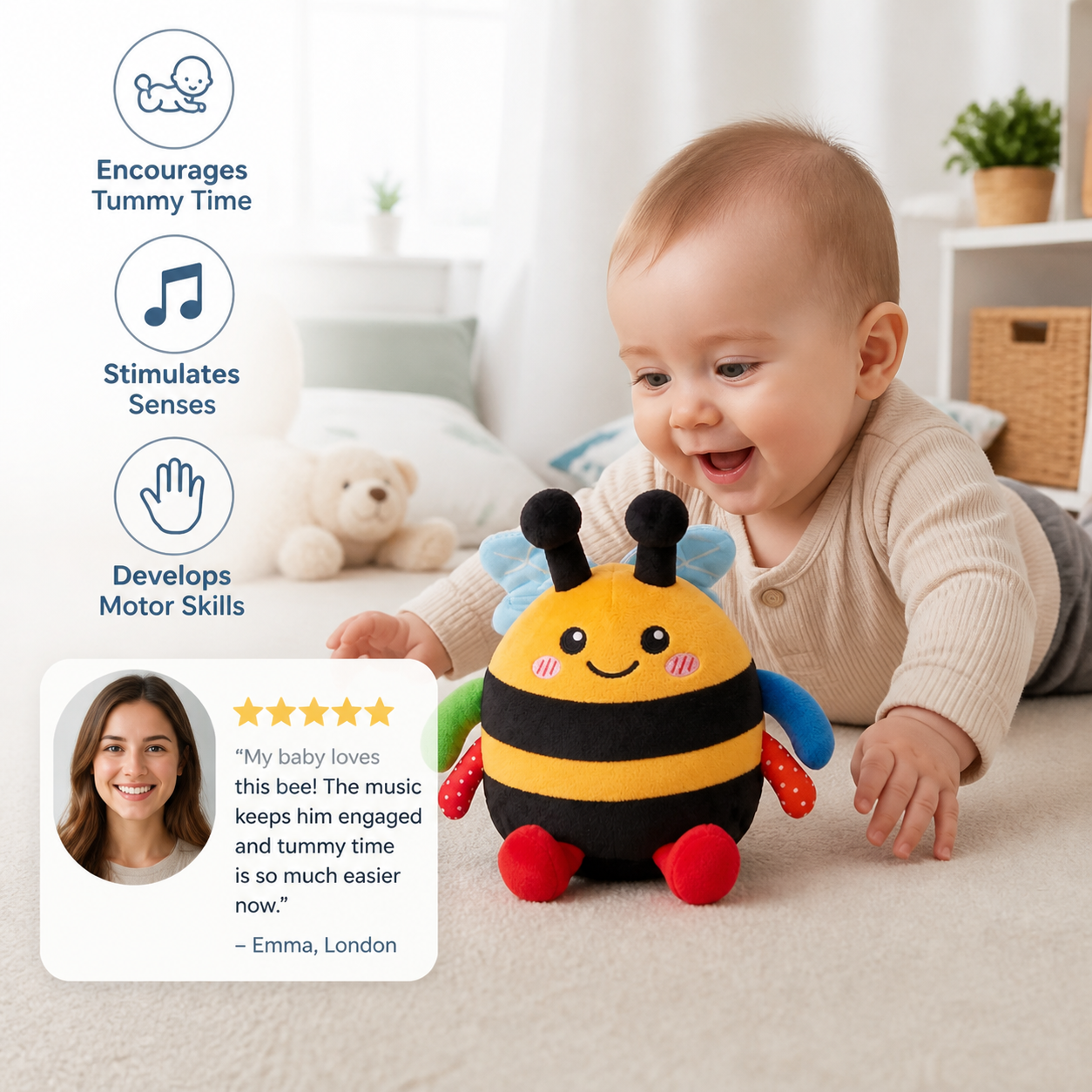 Interactive Musical Tummy Time Bee Plush Toy