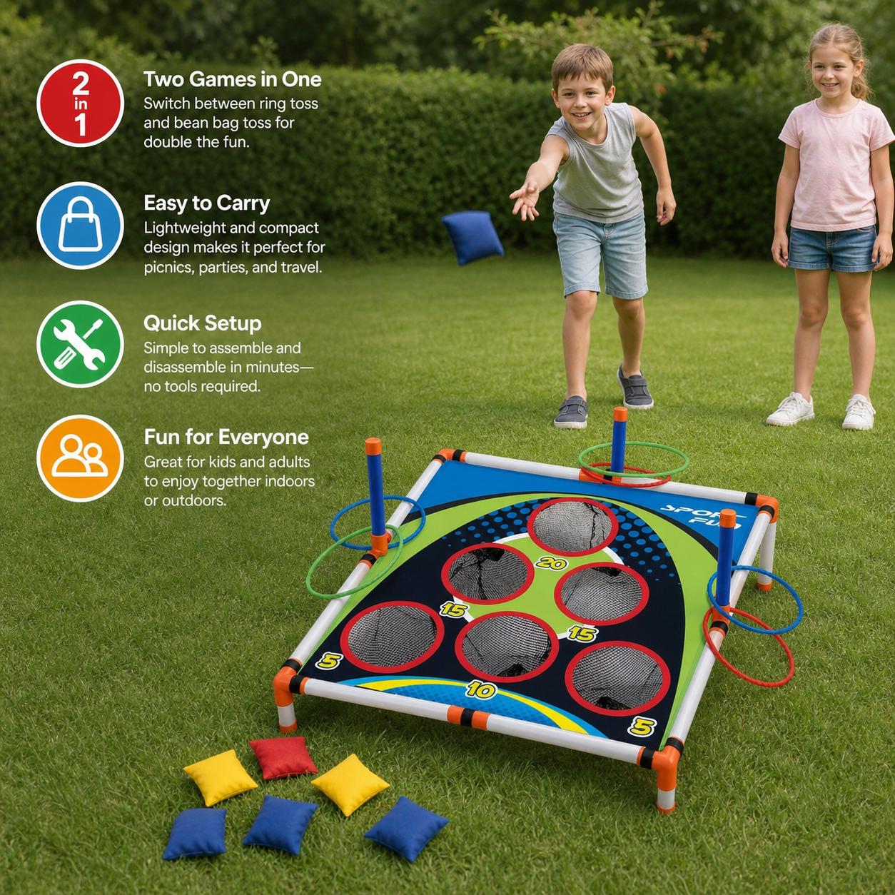 2-in-1 Cornhole & Ring Toss Game Set – Easy Setup for Garden & Travel