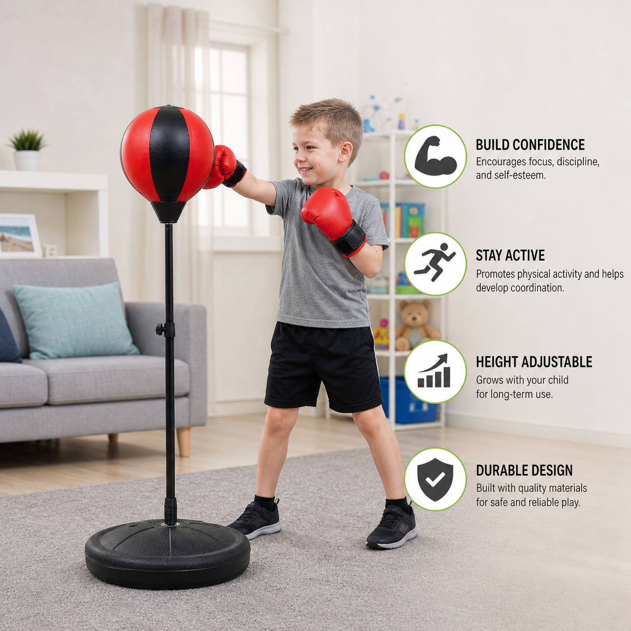 Kids Boxing Set with Standing Punching Bag & Gloves – Adjustable Height Training Set for Ages 3–8