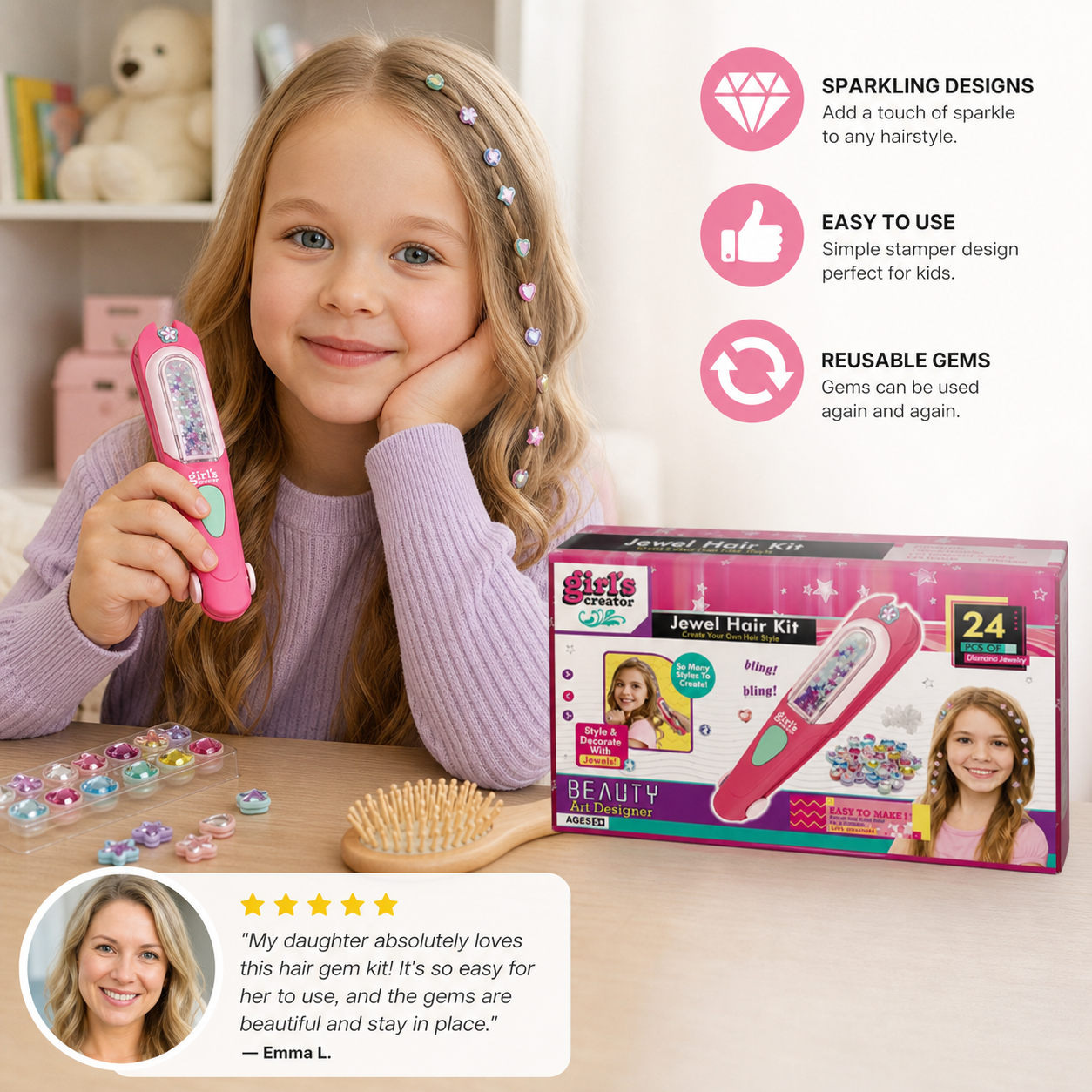 Kids Hair Gem Styling Kit – Hair Gem Stamper with Reusable Sparkling Gems