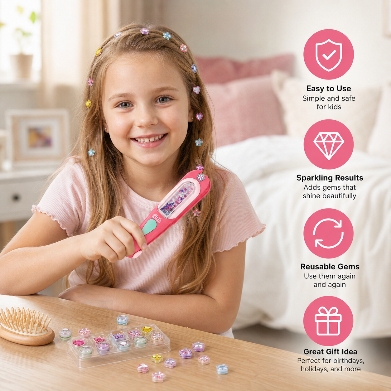 Kids Hair Gem Styling Kit – Hair Gem Stamper with Reusable Sparkling Gems
