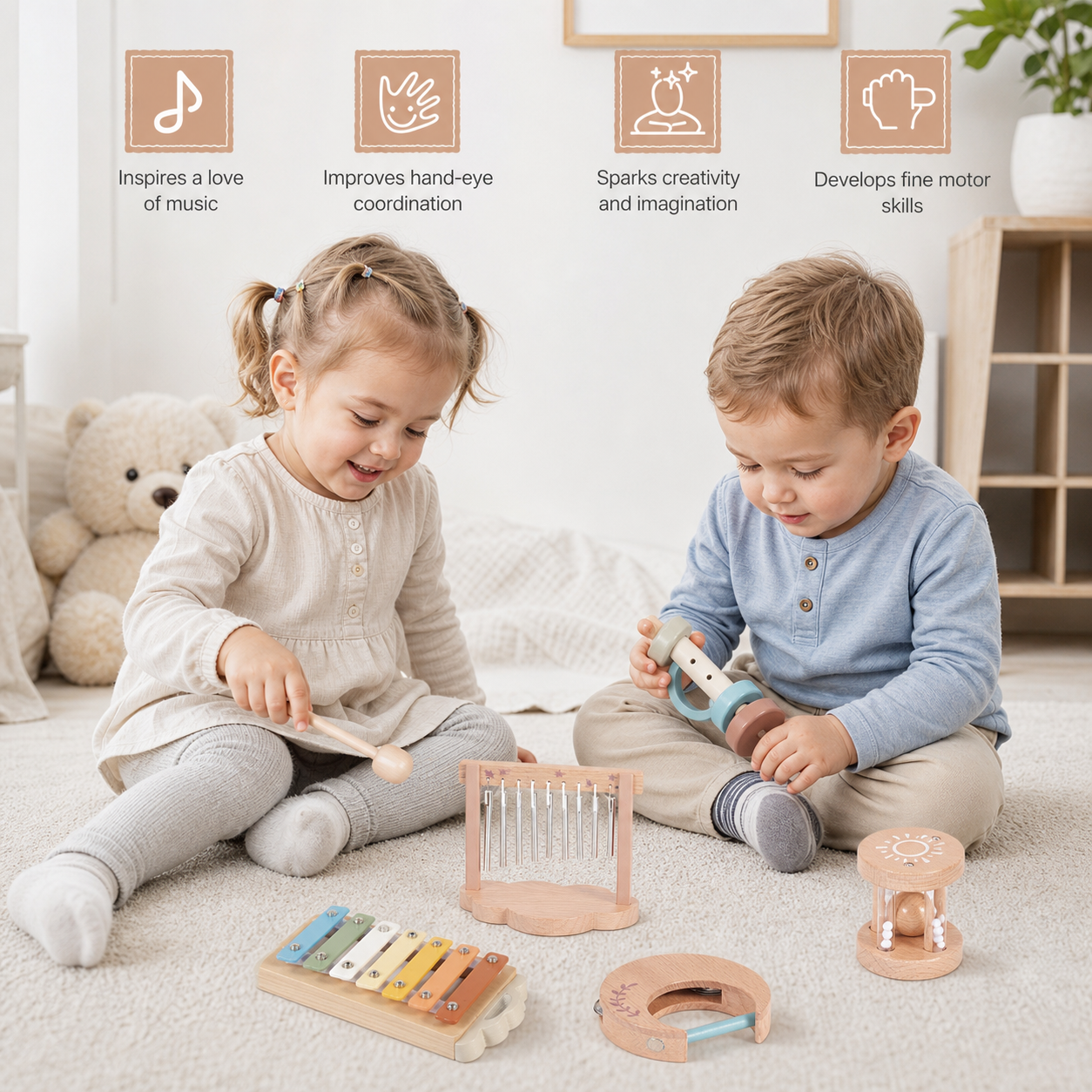 6-Piece Wooden Baby Musical Instrument Set – Sensory Sound & Music Toy