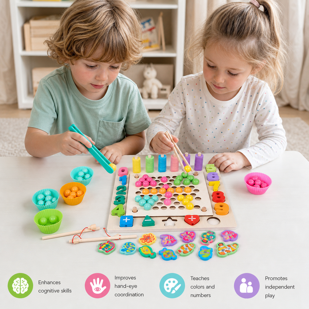 6-in-1 Montessori Wooden Fishing Game – Numbers, Colours & Fine Motor Skills Learning Toy for Kids