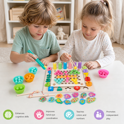 6-in-1 Montessori Wooden Fishing Game – Numbers, Colours & Fine Motor Skills Learning Toy for Kids