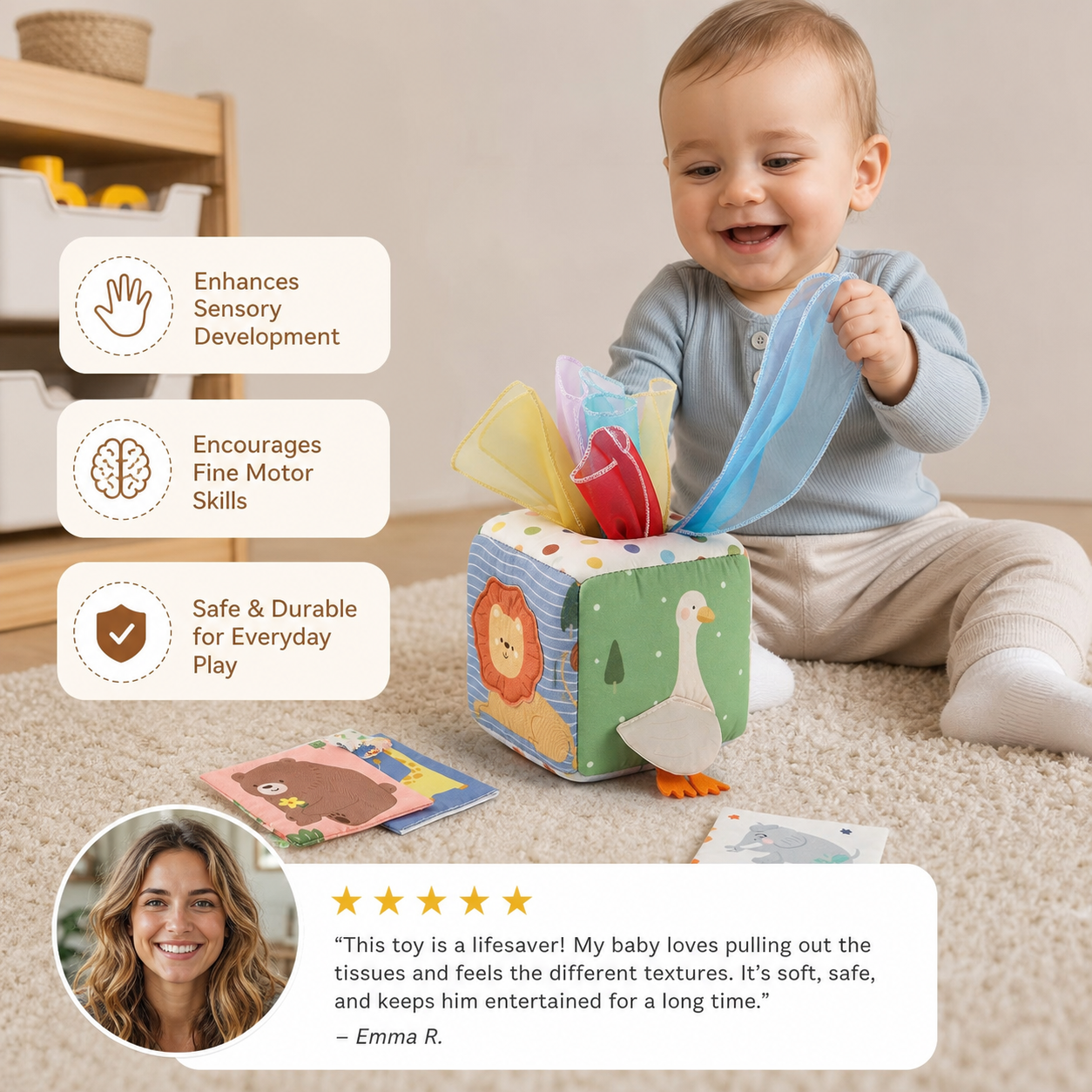 Montessori Baby Sensory Tissue Box – Soft Crinkle & Touch Activity Toy