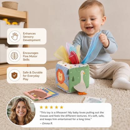 Montessori Baby Sensory Tissue Box – Soft Crinkle & Touch Activity Toy