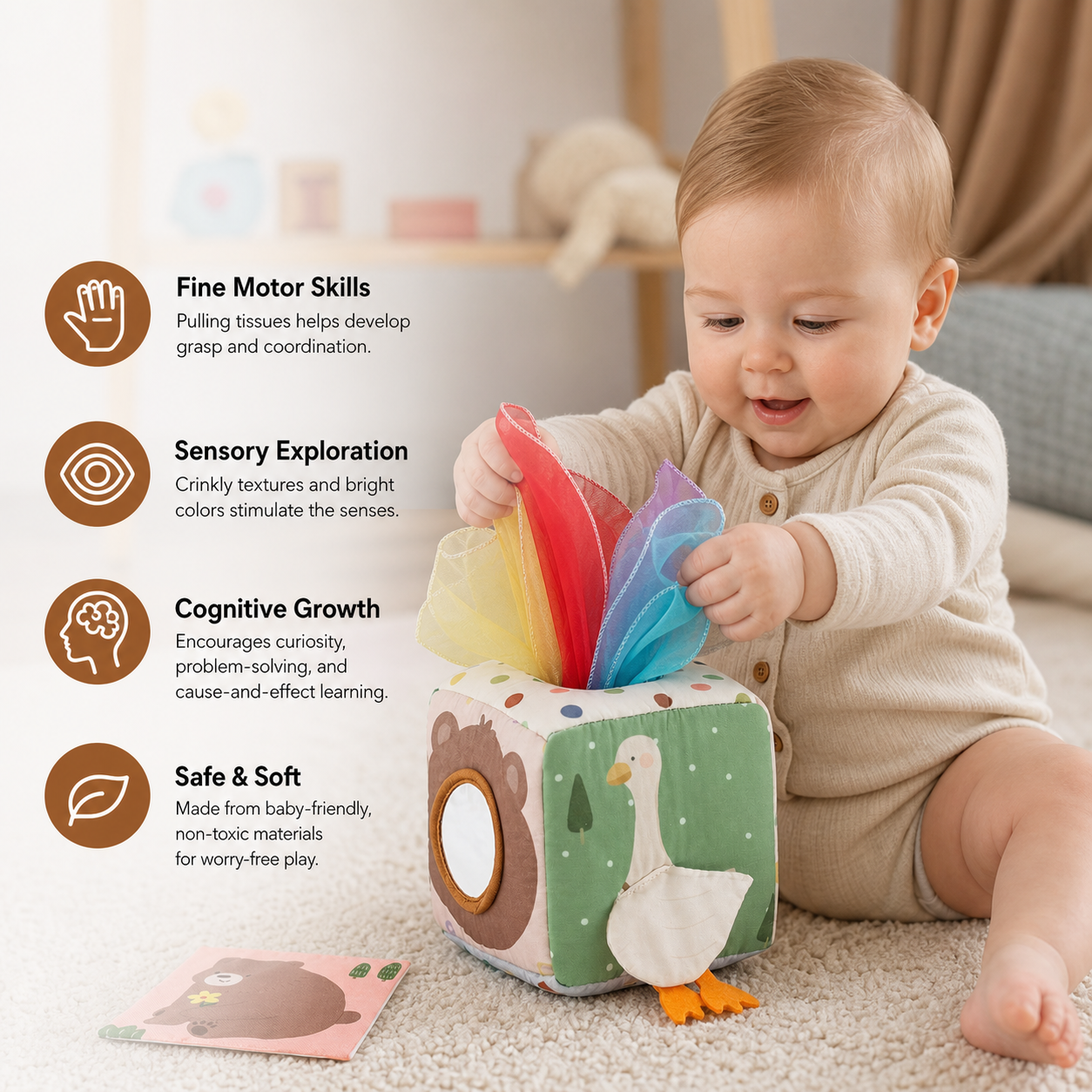 Montessori Baby Sensory Tissue Box – Soft Crinkle & Touch Activity Toy