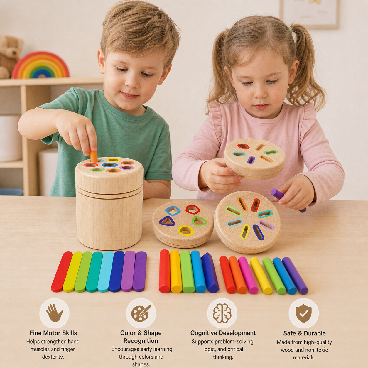 Montessori Wooden Colour & Shape Sorting Toy – Fine Motor Skills Learning Puzzle
