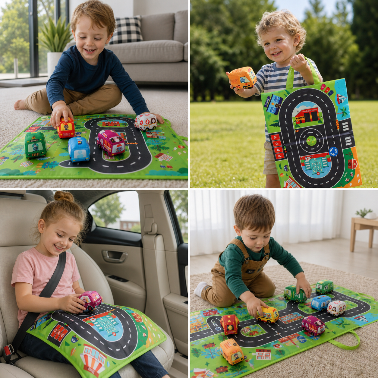 2in1 sensory plush toy cars with road mat and bag for on the go