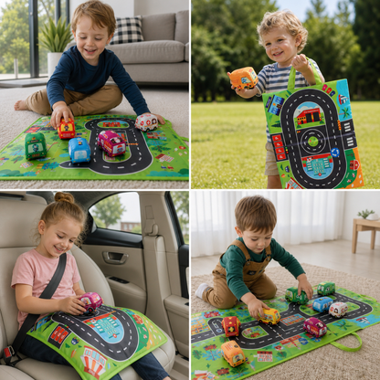 2in1 sensory plush toy cars with road mat and bag for on the go
