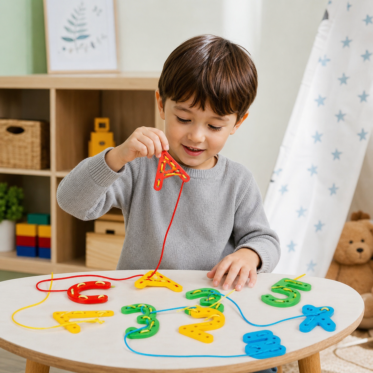 Letters and Numbers Wooden Threading Educational Toy