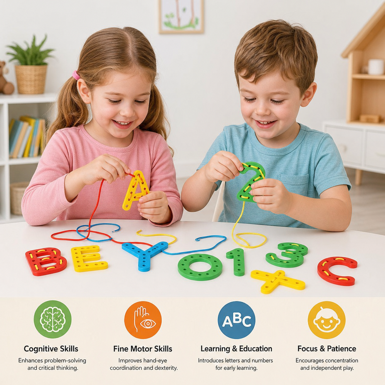 Letters and Numbers Wooden Threading Educational Toy