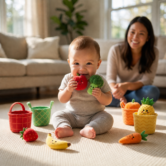 Soft Fruit & Vegetable Learning Toy for Babies – 4-Pack Color Sorting Set with Rattle and Crinkle Effect