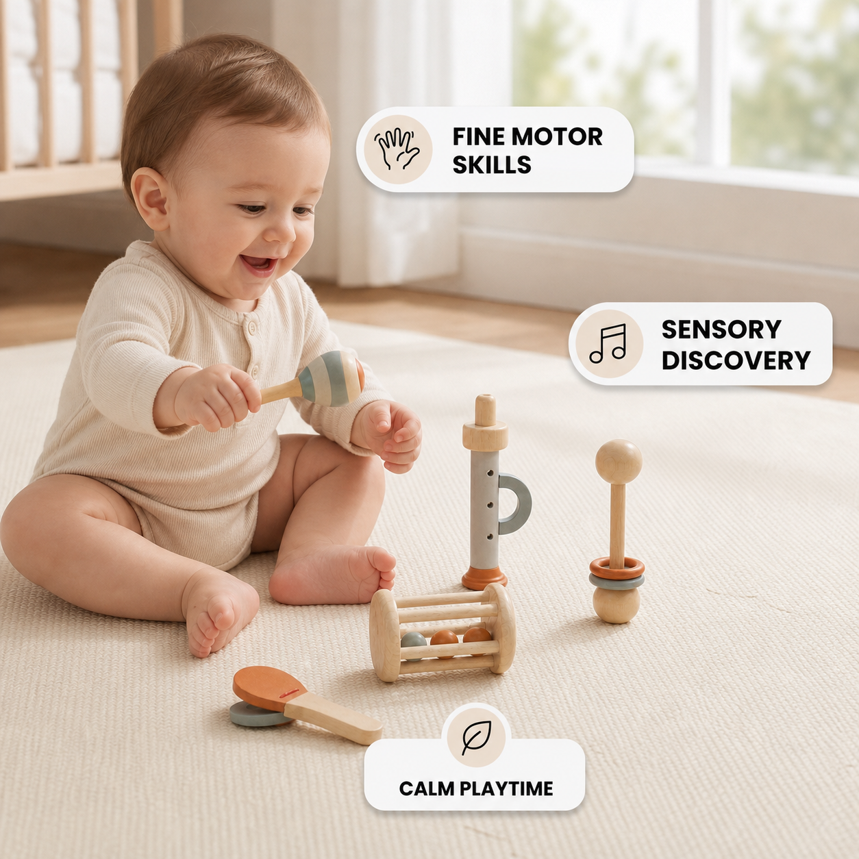 Montessori Wooden Baby Music Set – 5-Piece Sensory Rattle Toy Collection