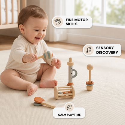 Montessori Wooden Baby Music Set – 5-Piece Sensory Rattle Toy Collection