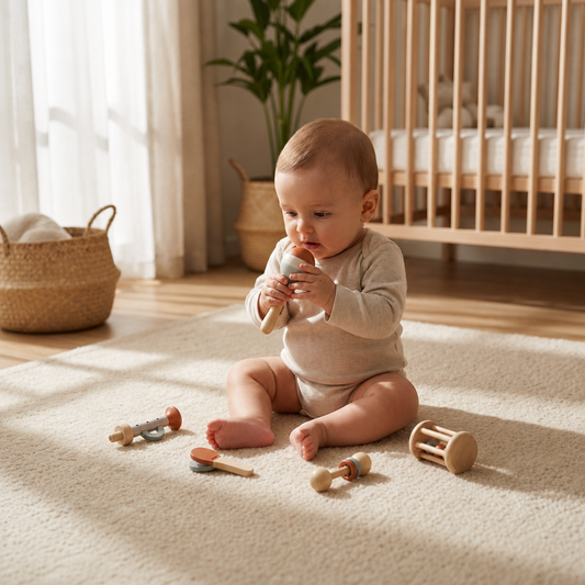 Montessori Wooden Baby Music Set – 5-Piece Sensory Rattle Toy Collection