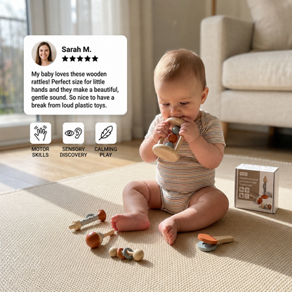 Montessori Wooden Baby Music Set – 5-Piece Sensory Rattle Toy Collection