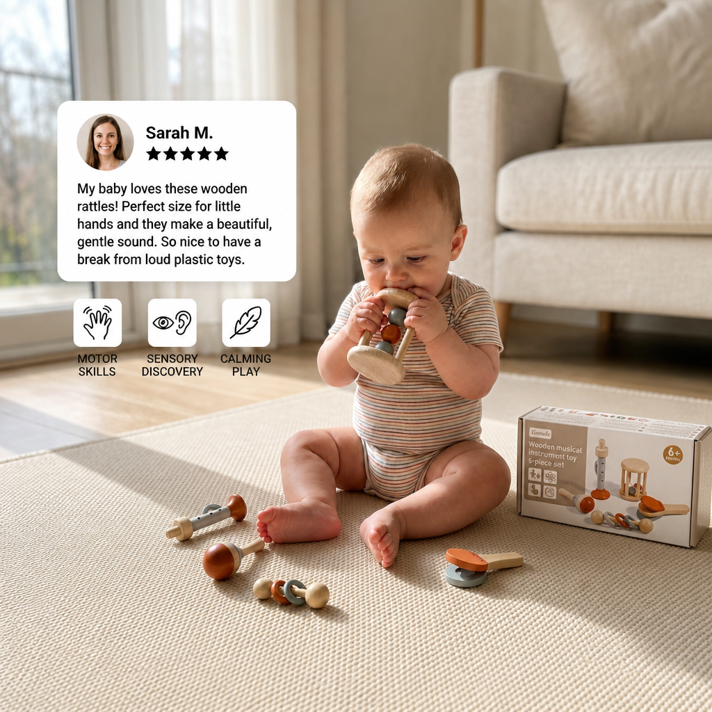 Montessori Wooden Baby Music Set – 5-Piece Sensory Rattle Toy Collection