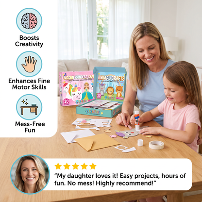 Kids Paper Crafts Box – 20 Easy DIY Arts & Crafts Projects for Ages 3–10 with Glue Stick, Tape & Envelopes