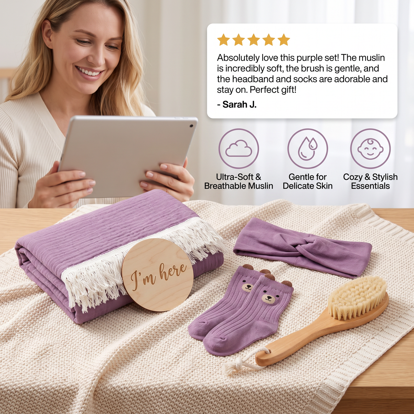 Baby Care Gift Box – Towel, Socks or Headband & Bath Brush for Newborns