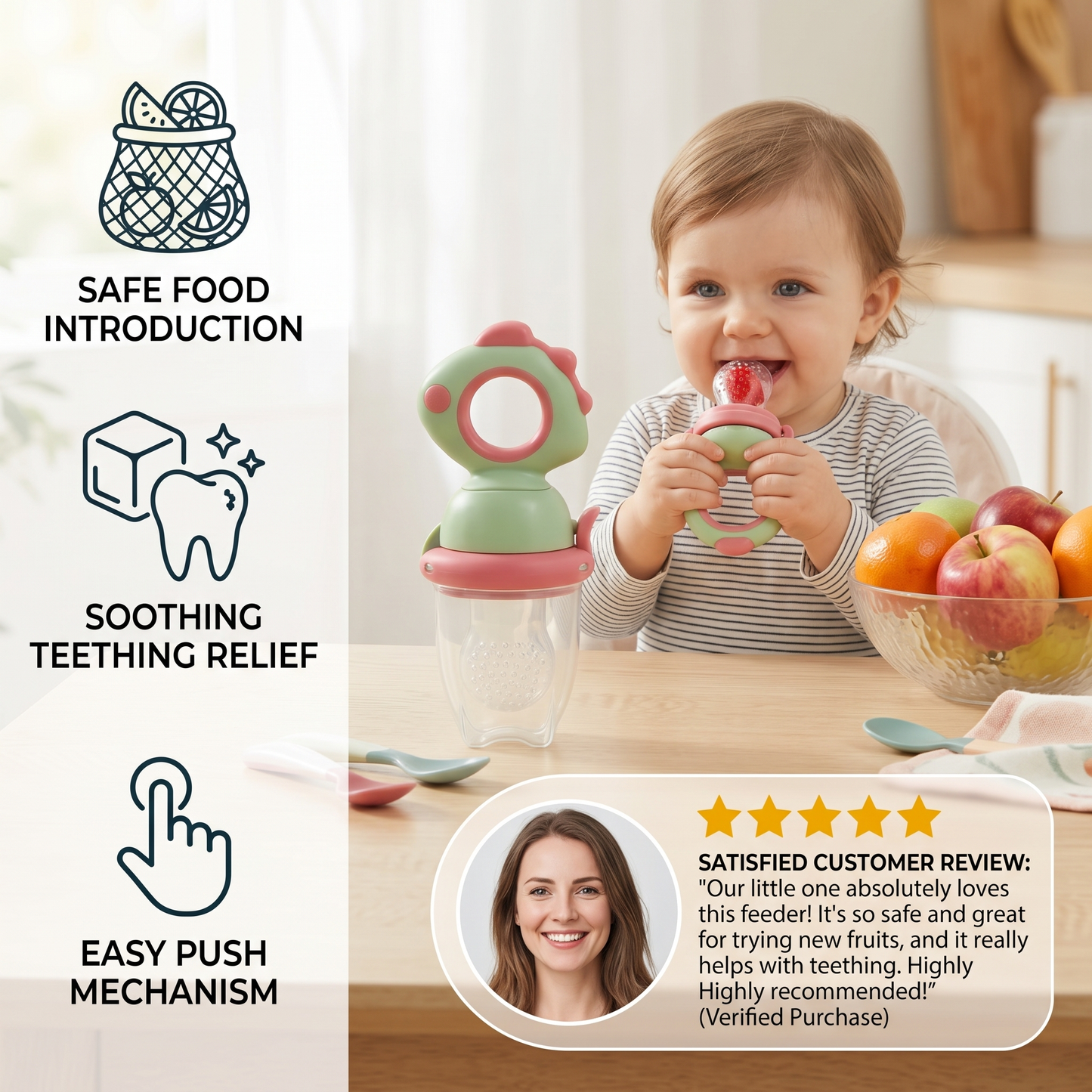 Silicone Baby Fruit Feeder & Teether with Push Mechanism