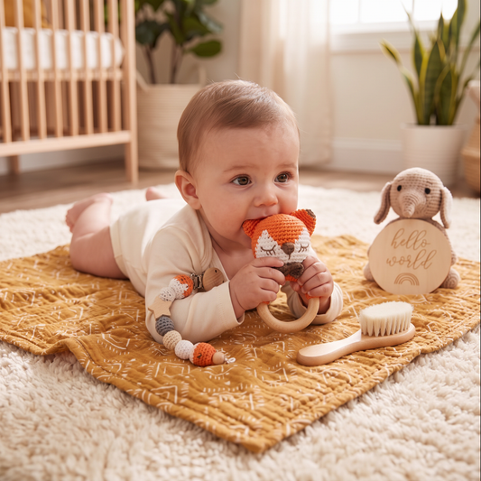 Newborn Gift Box – Crochet Animal Rattle, Wooden Toy, Muslin Blanket & Pacifier Clip