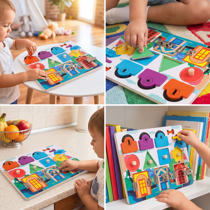 Montessori Busy Board Puzzle – Early Education Key Lock Unlock Toy for Boys and Girls