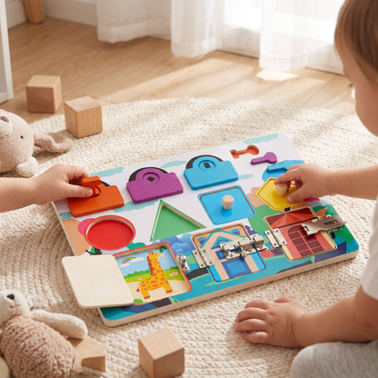 Montessori Busy Board Puzzle – Early Education Key Lock Unlock Toy for Boys and Girls