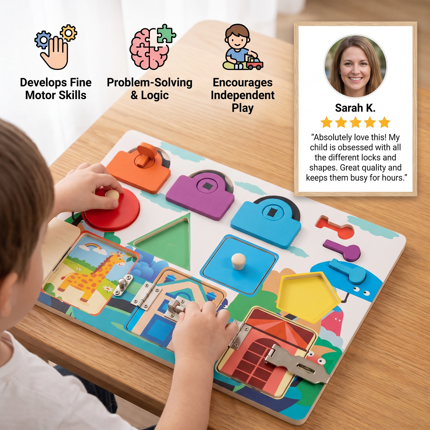 Montessori Activity Board with Various Tasks