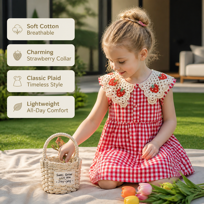 Girls’ Summer Dress with Strawberry Collar – Plaid Cotton Dress