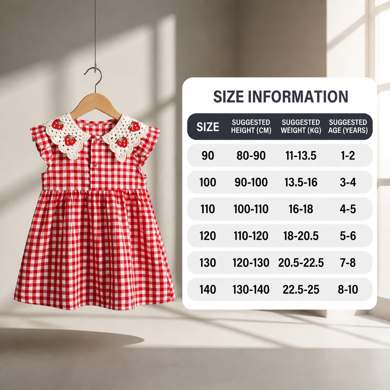 Girls’ Summer Dress with Strawberry Collar – Plaid Cotton Dress
