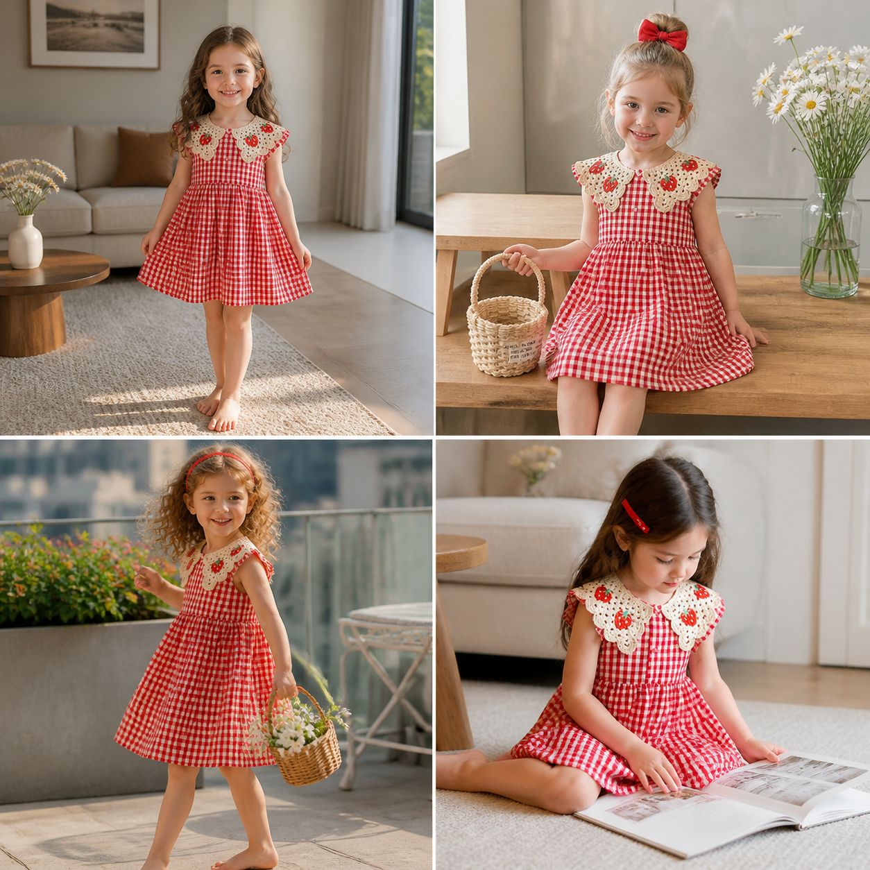 Girls’ Summer Dress with Strawberry Collar – Plaid Cotton Dress