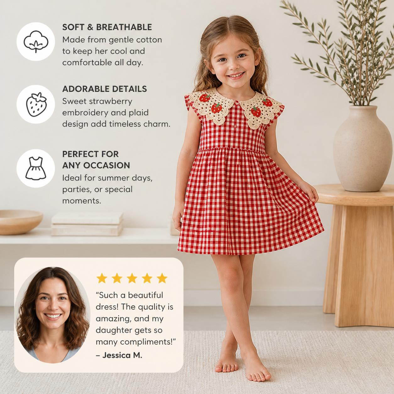 Girls’ Summer Dress with Strawberry Collar – Plaid Cotton Dress