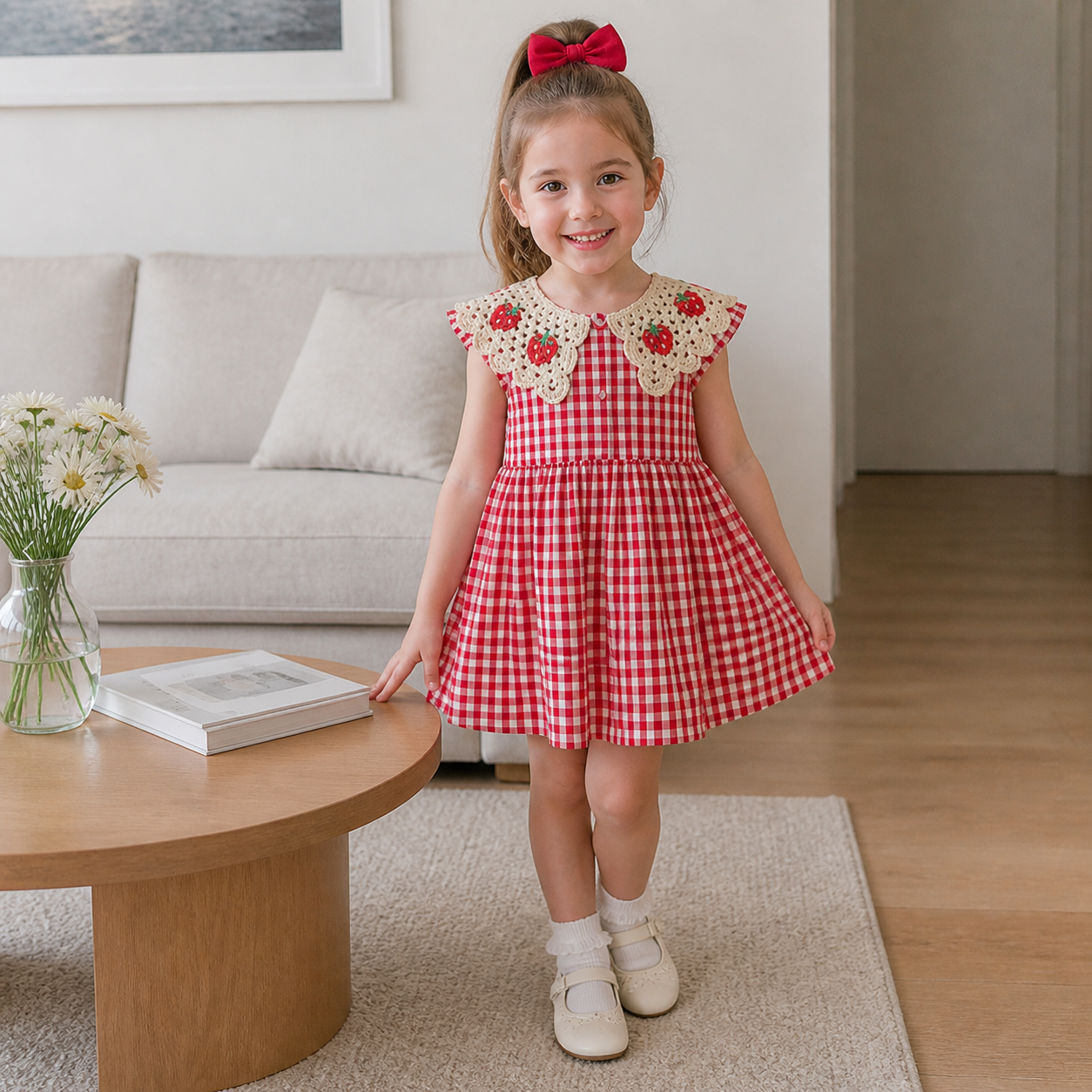 Girls’ Summer Dress with Strawberry Collar – Plaid Cotton Dress