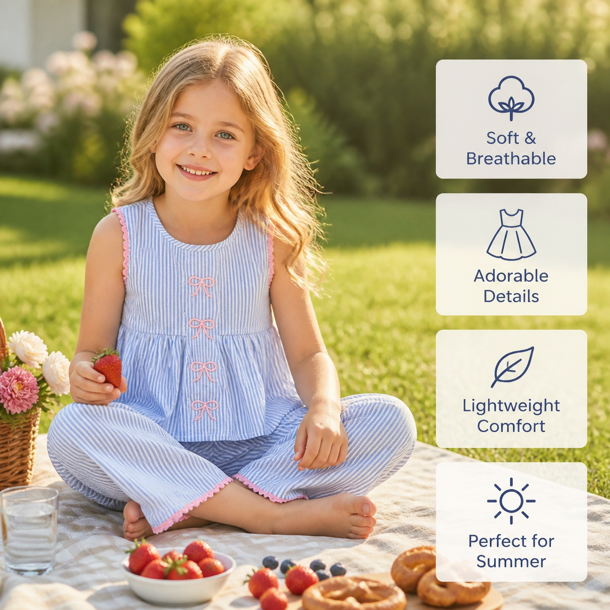 Girls’ Summer 2-Piece Outfit – Striped Set with Bow Embroidery