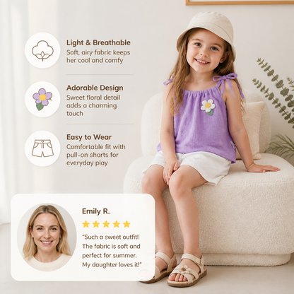 Girls’ Korean Style Summer 2-Piece Set – Floral Camisole Top & Shorts
