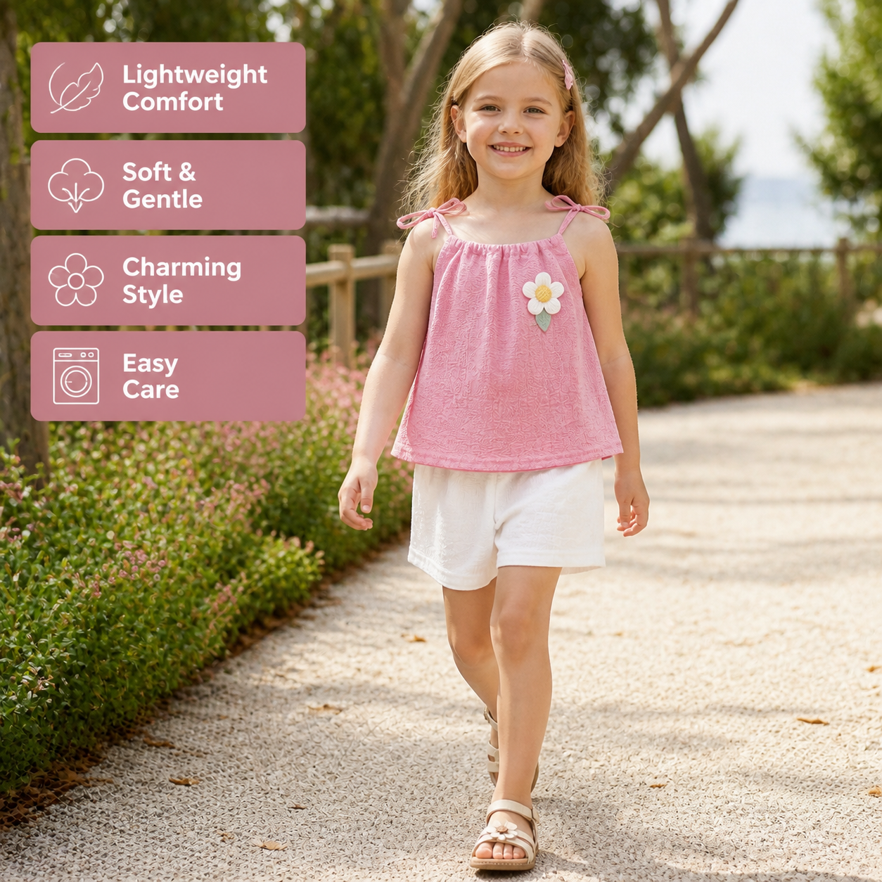 Girls’ Korean Style Summer 2-Piece Set – Floral Camisole Top & Shorts