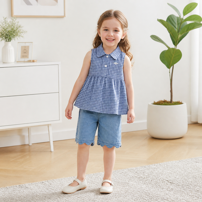 Girls’ Spring & Summer 2-Piece Outfit – Plaid Cotton Blend Top & Versatile Denim Pants Set