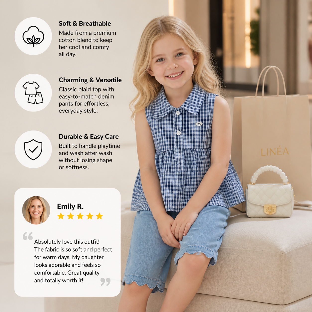 Girls’ Spring & Summer 2-Piece Outfit – Plaid Cotton Blend Top & Versatile Denim Pants Set