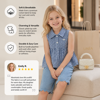 Girls’ Spring & Summer 2-Piece Outfit – Plaid Cotton Blend Top & Versatile Denim Pants Set