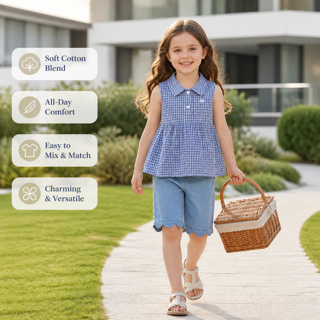Girls’ Spring & Summer 2-Piece Outfit – Plaid Cotton Blend Top & Versatile Denim Pants Set