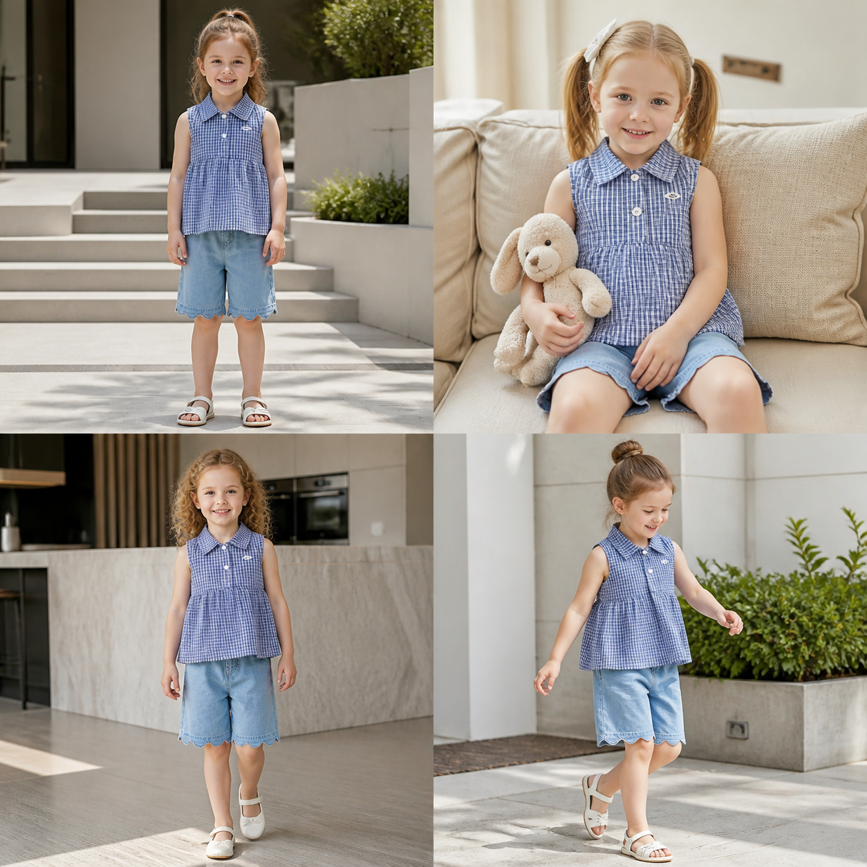 Girls’ Spring & Summer 2-Piece Outfit – Plaid Cotton Blend Top & Versatile Denim Pants Set