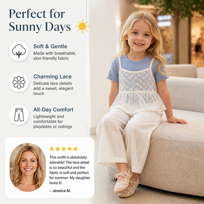 Baby Girl 3-Piece Summer Outfit – Lace Short Sleeve Top & Pants Set