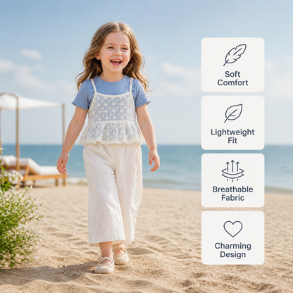 Baby Girl 3-Piece Summer Outfit – Lace Short Sleeve Top & Pants Set