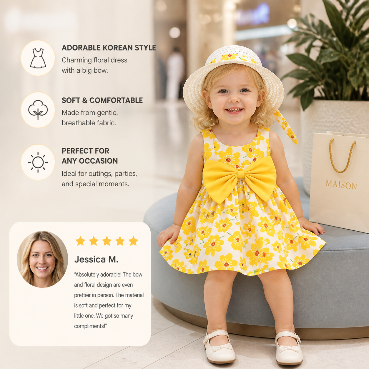 Korean Style 2-Piece Girls Dress Set – Floral Bow Strap Dress with Matching Hat