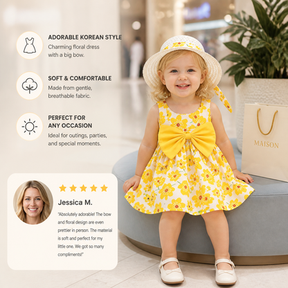 Korean Style 2-Piece Girls Dress Set – Floral Bow Strap Dress with Matching Hat