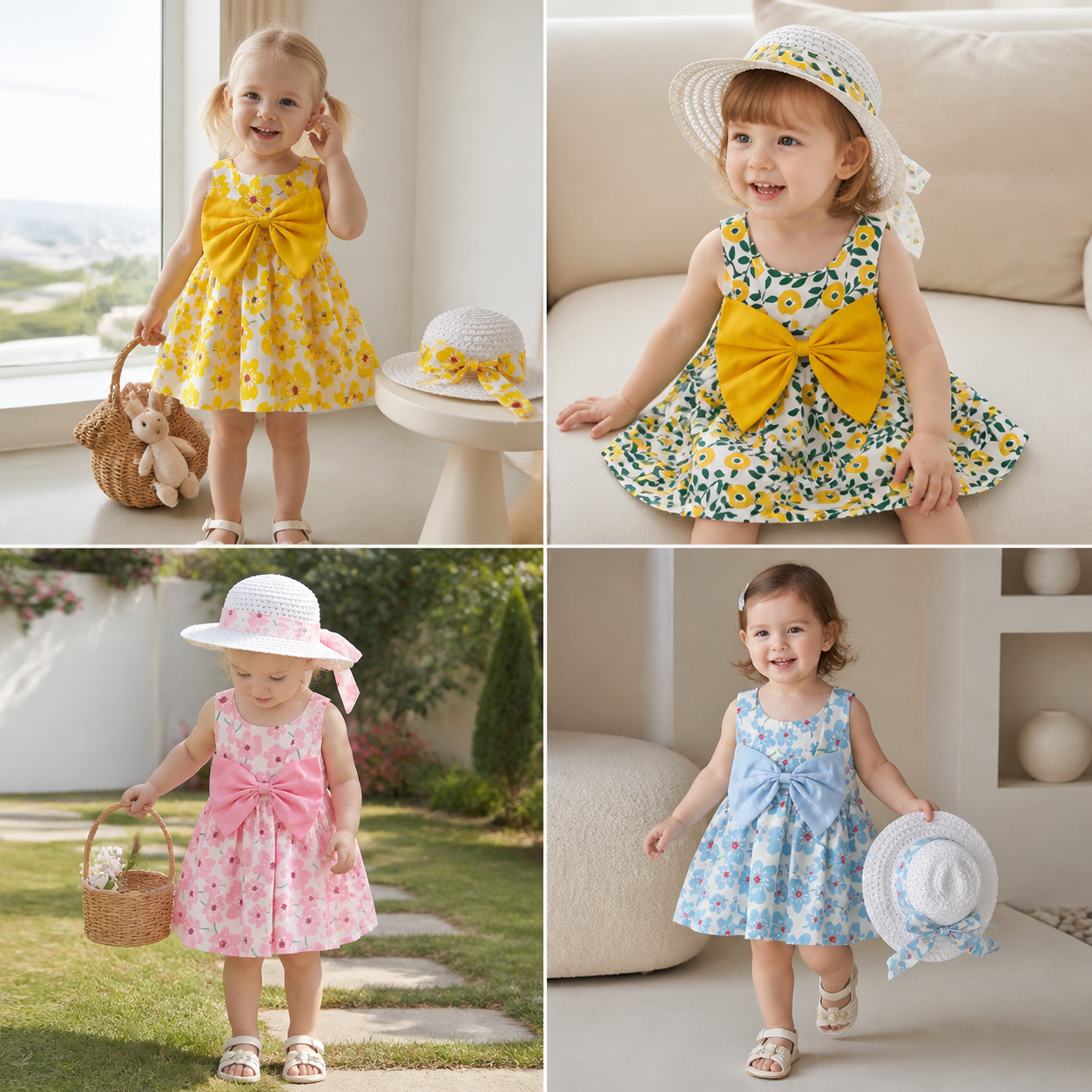 Korean Style 2-Piece Girls Dress Set – Floral Bow Strap Dress with Matching Hat