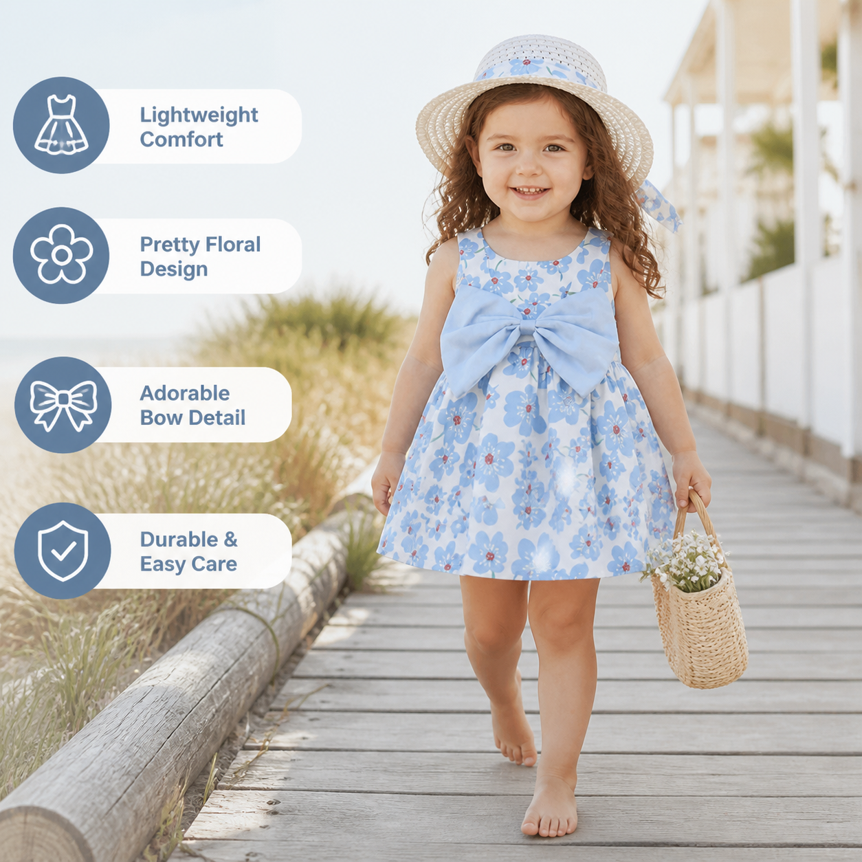 Korean Style 2-Piece Girls Dress Set – Floral Bow Strap Dress with Matching Hat